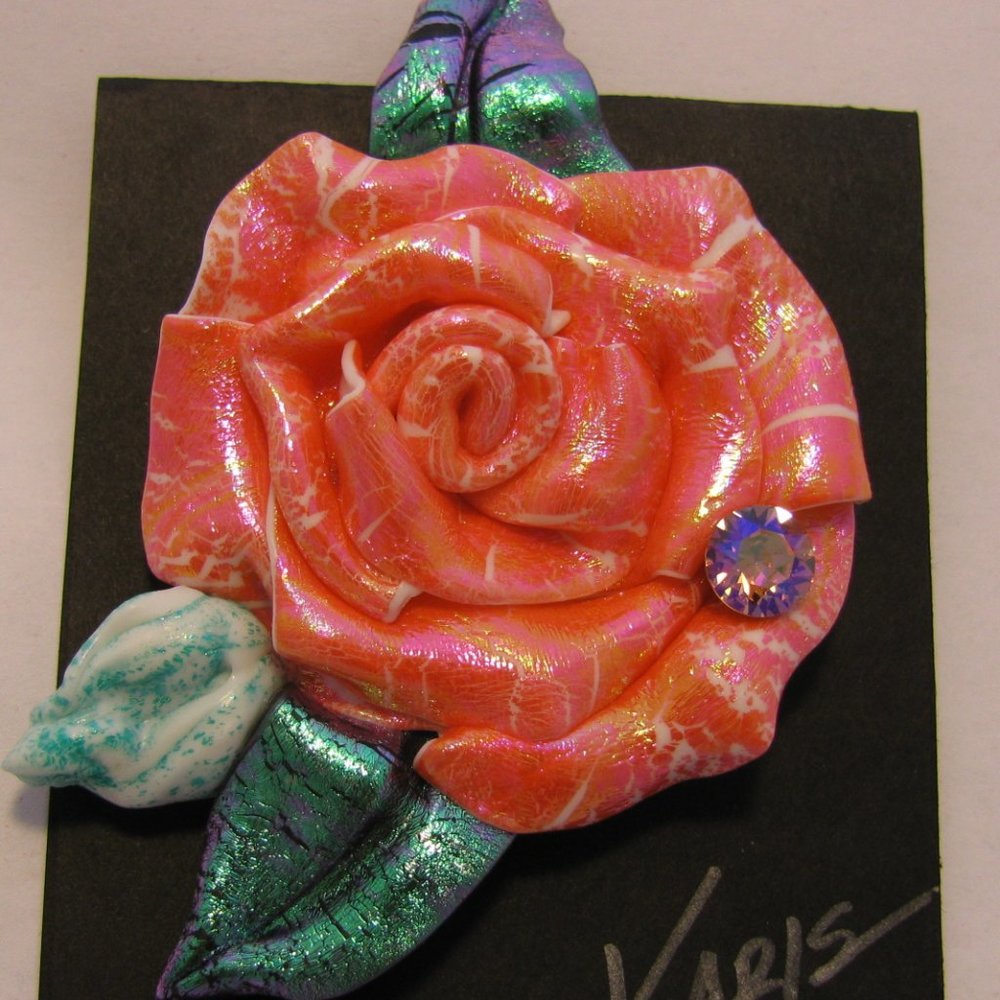 Handmade Rose Pin w Swarovski Crystal